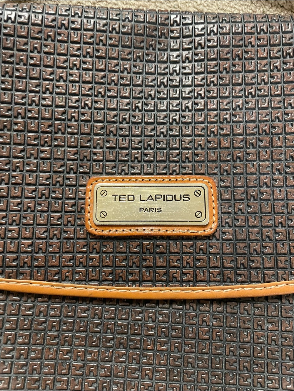 Ted Lapidus Paris Brown Textured Crossbody Bag with Tan Trim
